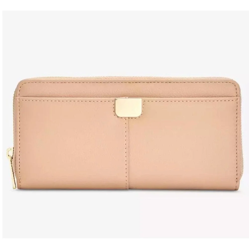 On 34th Womens Pebbled Leather Zip Around Wallet Tan Beige‎ Gold Tone Hardware